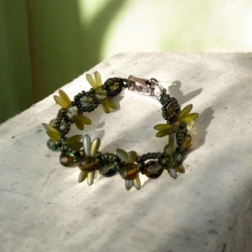 Multi Color Greens Dangle Glass Beads Bracelet